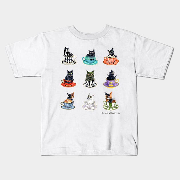 Teacup Meownsters Kids T-Shirt by Clockwork Art